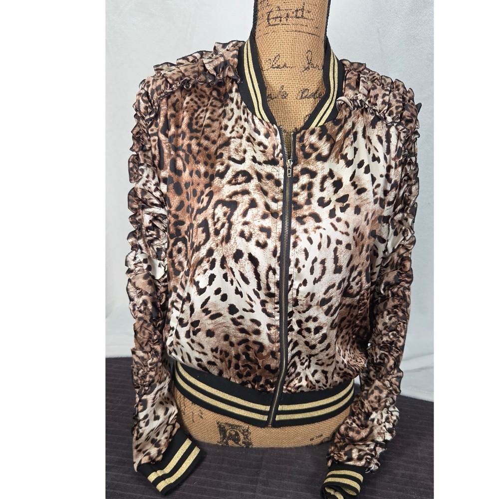 A. Calin Leopard Print Bomber Jacket Womens M Brown Ruffle Sleeve Lightweight